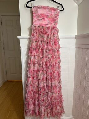 B. Darlin Strapless Pink Floral Ruffle Maxi Dress size 2, prom homecoming dress